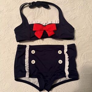 Janie and Jack 2T Navy Blue and Red Bow Bikini Set bathing suit American